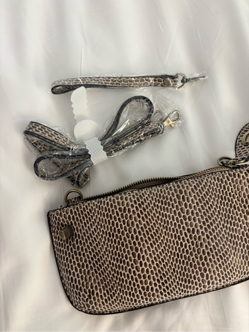 Snake-Print Convertible Clutch Wristlet in Neutral Brown